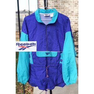 Vintage 80’s Reebok Pullover Windbreaker Jacket Kangaroo Pocket Abstract Pattern